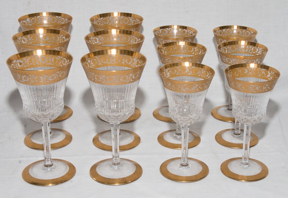 Set Of 12 Saint Louis Crystal Stemmed Glasses Thistle Model Gold