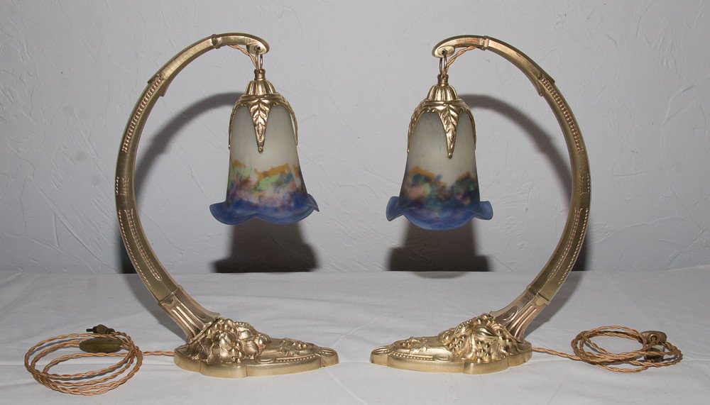 Pair Of Charles Ranc Gilt Bronze Lamps Art Deco Period-photo-4