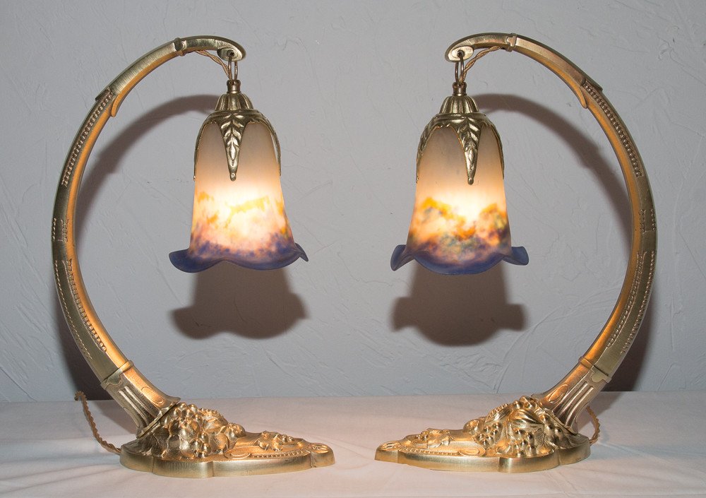 Pair Of Charles Ranc Gilt Bronze Lamps Art Deco Period-photo-1