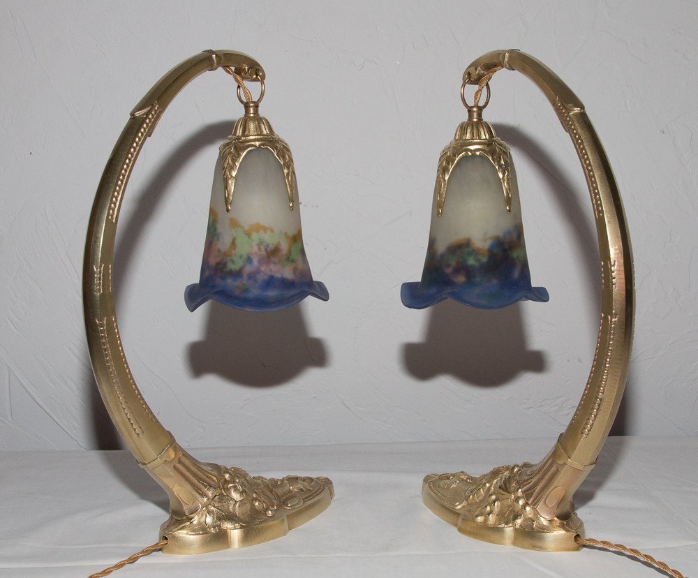 Pair Of Charles Ranc Gilt Bronze Lamps Art Deco Period-photo-4