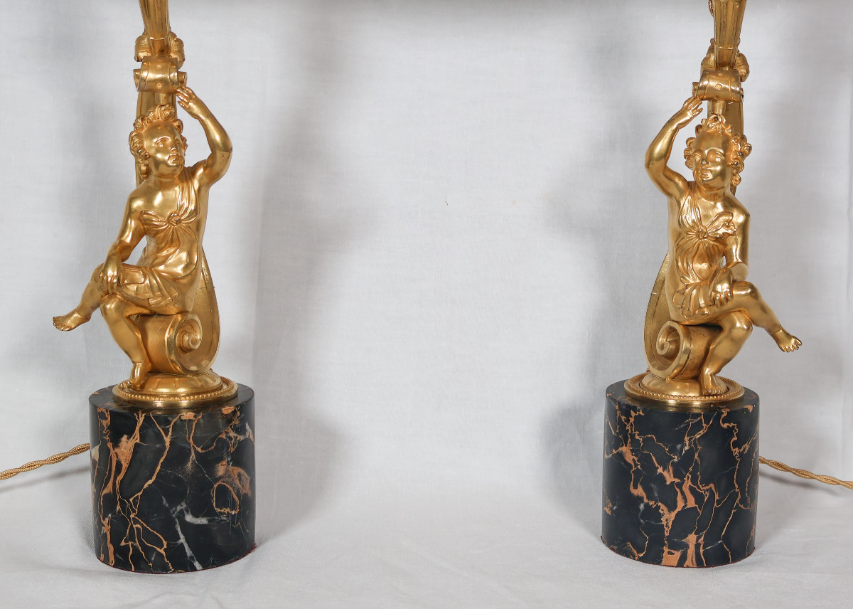 Pair Of Gilt Bronze Lamps, Napoleon III Period-photo-2