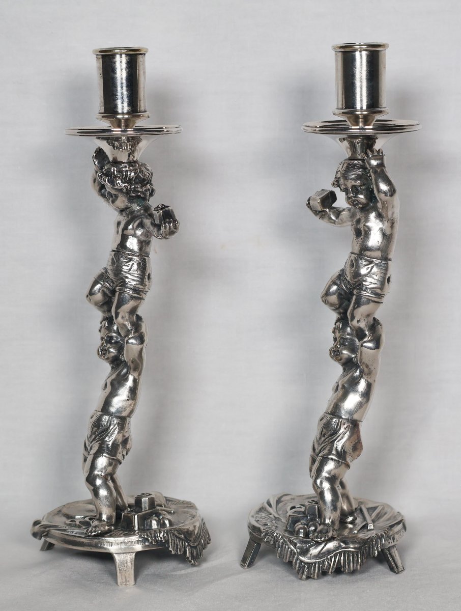 Pair Of Silver-plated Bronze Candlesticks Signed Alphonse Giroux Paris-photo-2