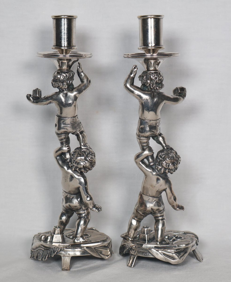 Pair Of Silver-plated Bronze Candlesticks Signed Alphonse Giroux Paris-photo-3