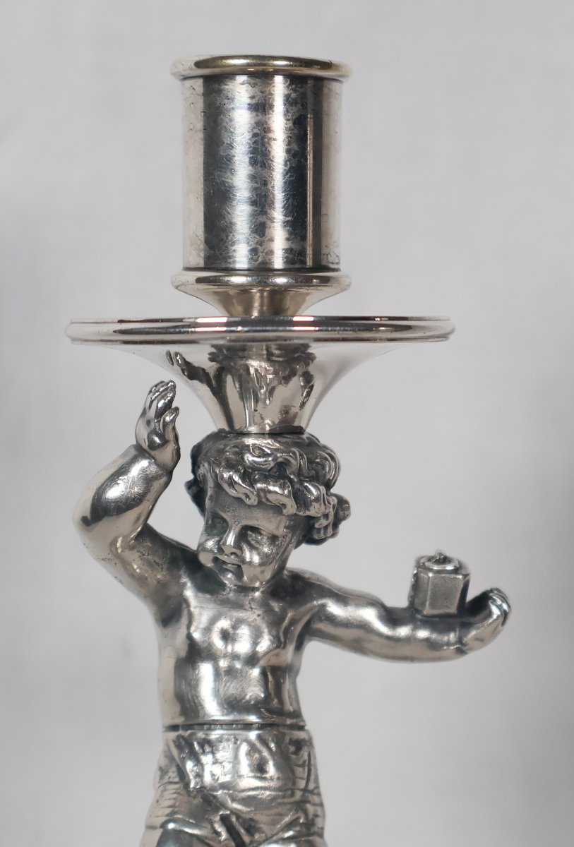 Pair Of Silver-plated Bronze Candlesticks Signed Alphonse Giroux Paris-photo-5