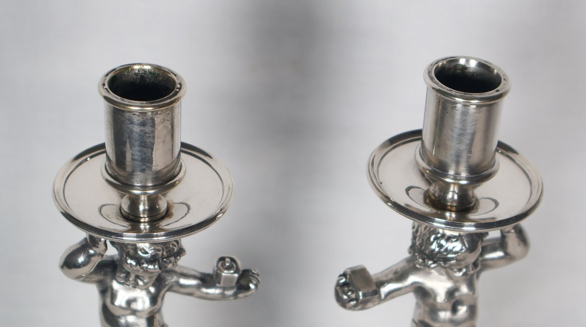 Pair Of Silver-plated Bronze Candlesticks Signed Alphonse Giroux Paris-photo-6