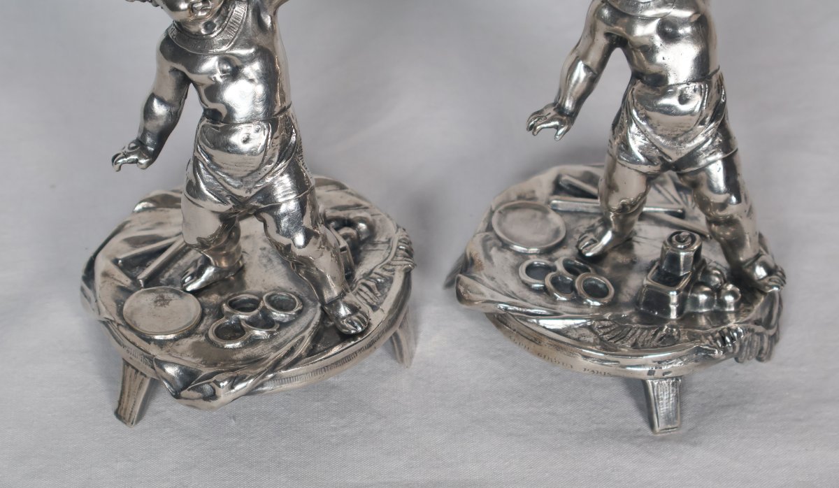 Pair Of Silver-plated Bronze Candlesticks Signed Alphonse Giroux Paris-photo-8