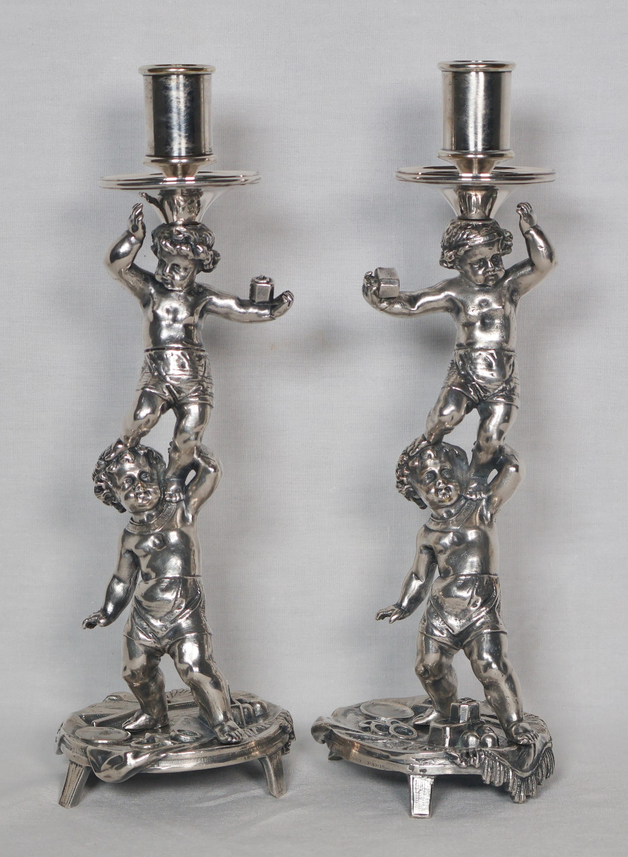 Pair Of Silver-plated Bronze Candlesticks Signed Alphonse Giroux Paris