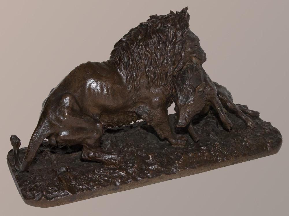 Bronze Lion entraînant un sanglier Christophe Fratin daté 1836-photo-2