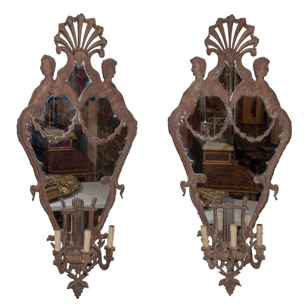 Pair Of Large Mahogany Mirror Sconces, Italy, Circa 1850