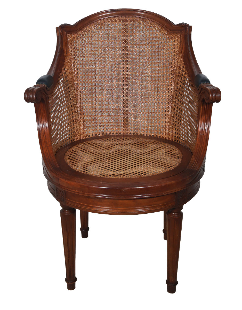  Mahogany Cane Office Chair In The Louis XVI Style, Late 20th Century.