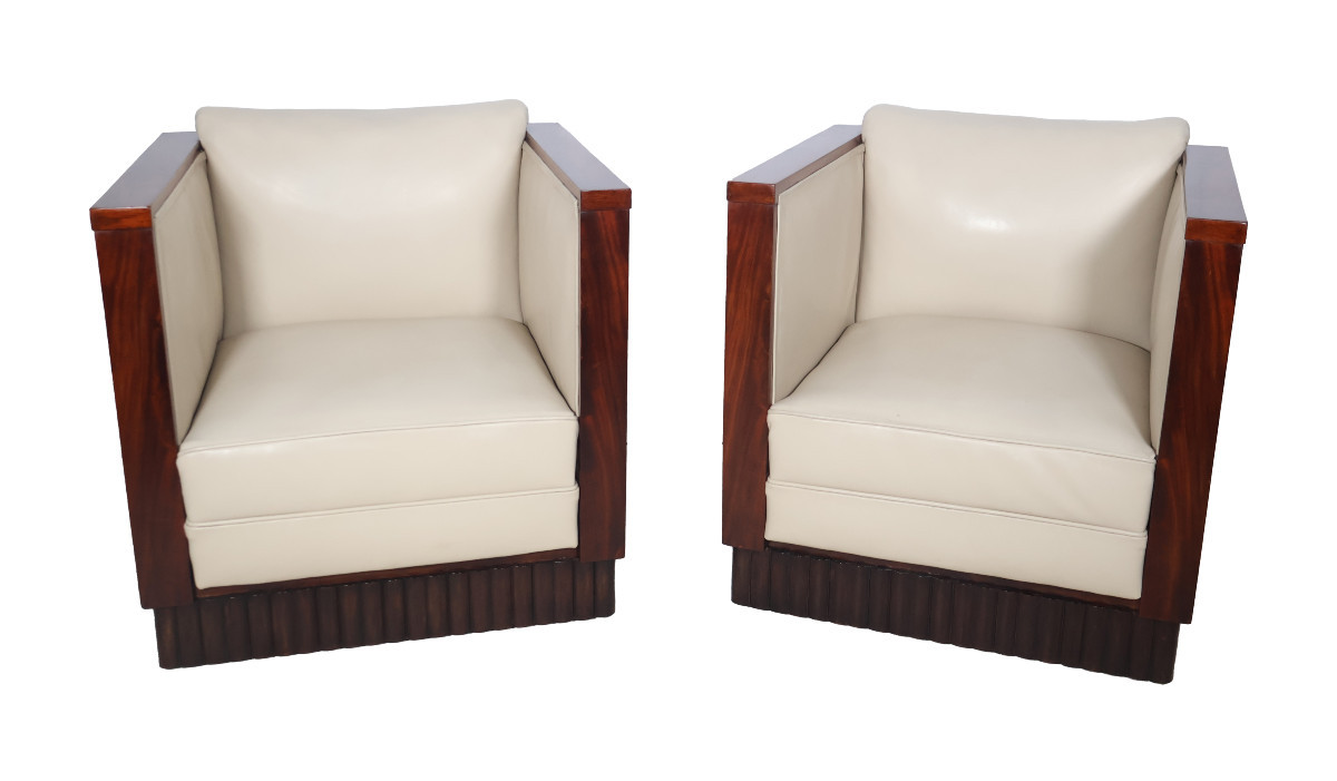 Pair Of Art Deco Armchairs And Pouf -photo-2