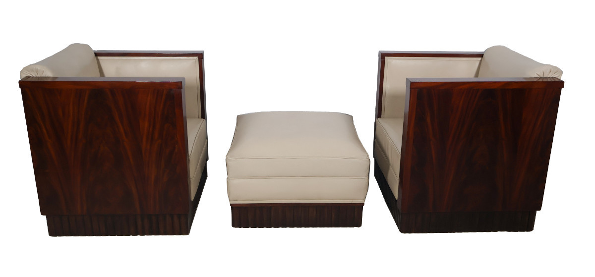 Pair Of Art Deco Armchairs And Pouf -photo-3