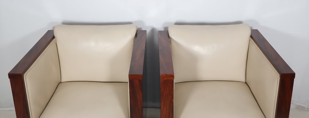 Pair Of Art Deco Armchairs And Pouf -photo-2