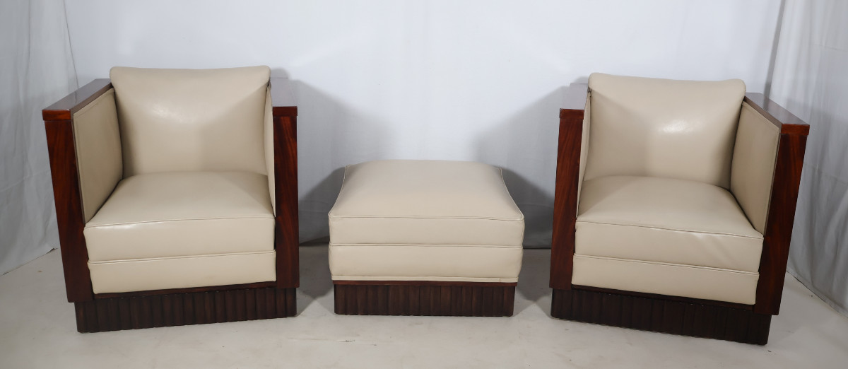 Pair Of Art Deco Armchairs And Pouf 
