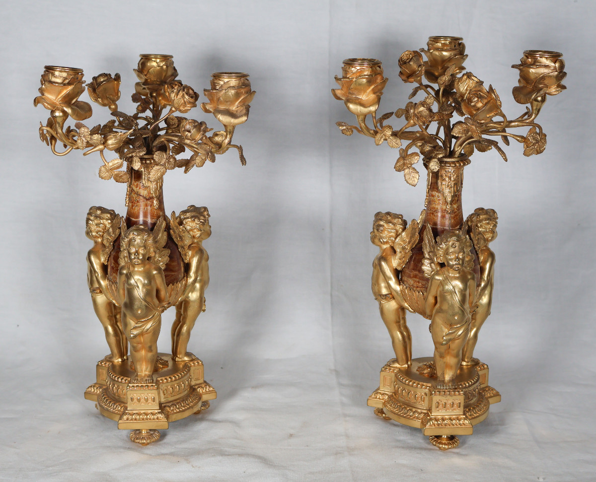 Pair Of Candelabra With Putti In Gilt Bronze And Marble, 19th Century-photo-3