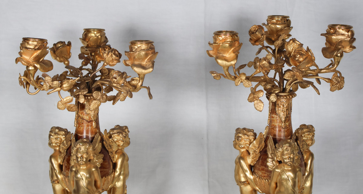 Pair Of Candelabra With Putti In Gilt Bronze And Marble, 19th Century-photo-4
