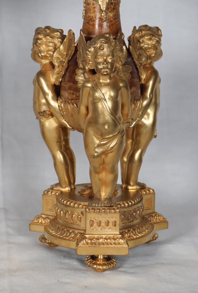 Pair Of Candelabra With Putti In Gilt Bronze And Marble, 19th Century-photo-1