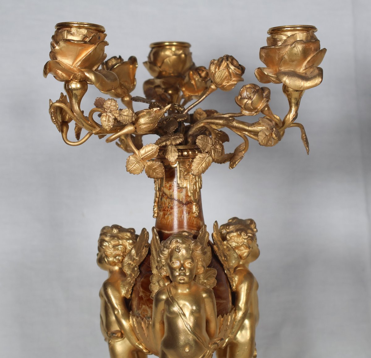 Pair Of Candelabra With Putti In Gilt Bronze And Marble, 19th Century-photo-2