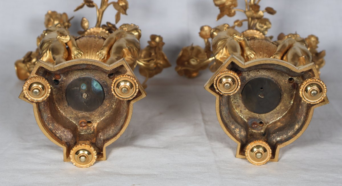 Pair Of Candelabra With Putti In Gilt Bronze And Marble, 19th Century-photo-3