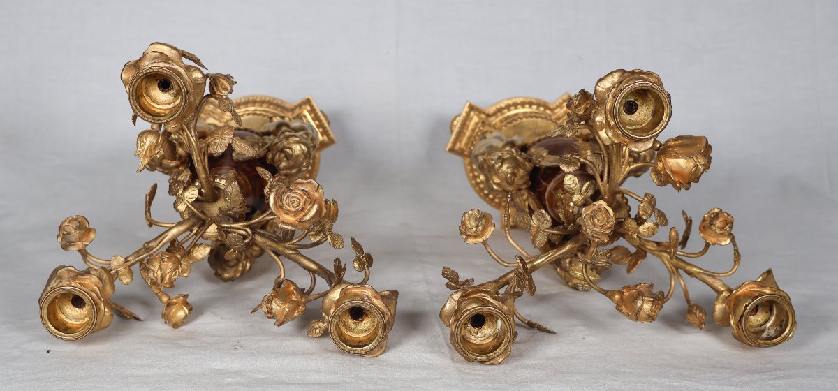 Pair Of Candelabra With Putti In Gilt Bronze And Marble, 19th Century-photo-4