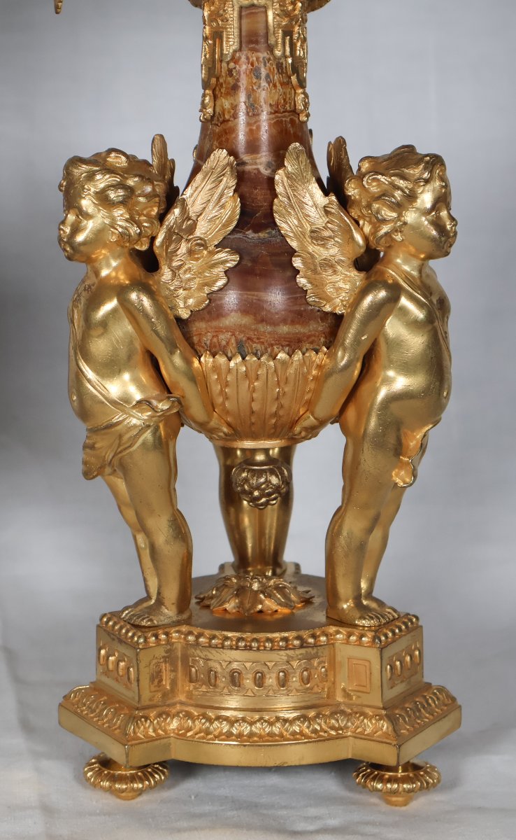 Pair Of Candelabra With Putti In Gilt Bronze And Marble, 19th Century-photo-5