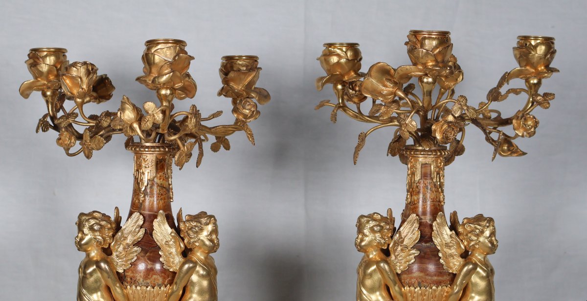 Pair Of Candelabra With Putti In Gilt Bronze And Marble, 19th Century-photo-6