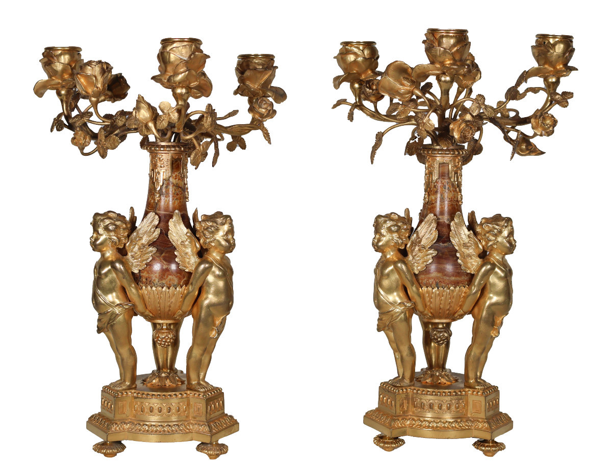 Pair Of Candelabra With Putti In Gilt Bronze And Marble, 19th Century