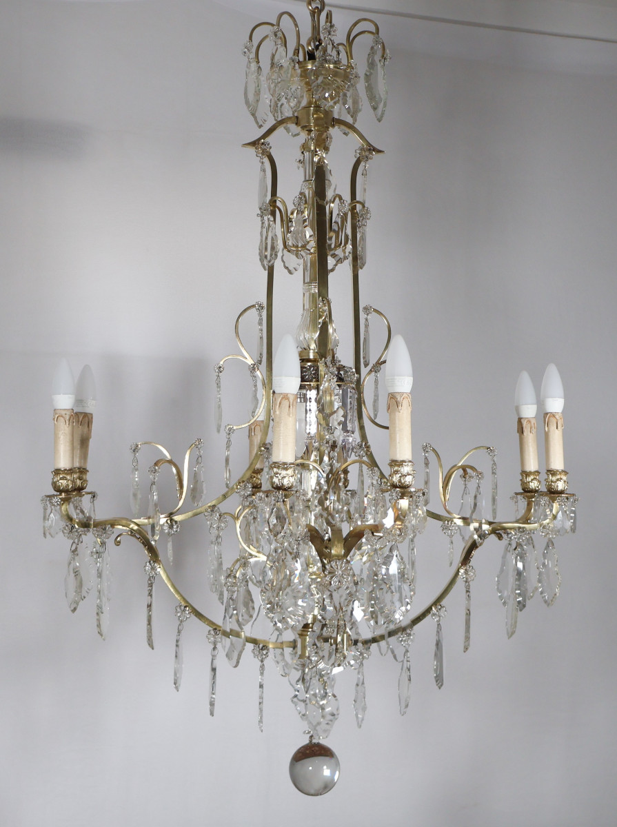  Twelve-light Chandelier In Gilt Bronze And Crystal, Late 19th Century-photo-2