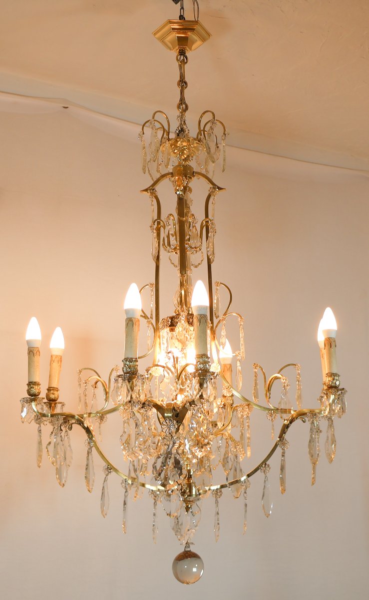  Twelve-light Chandelier In Gilt Bronze And Crystal, Late 19th Century-photo-1