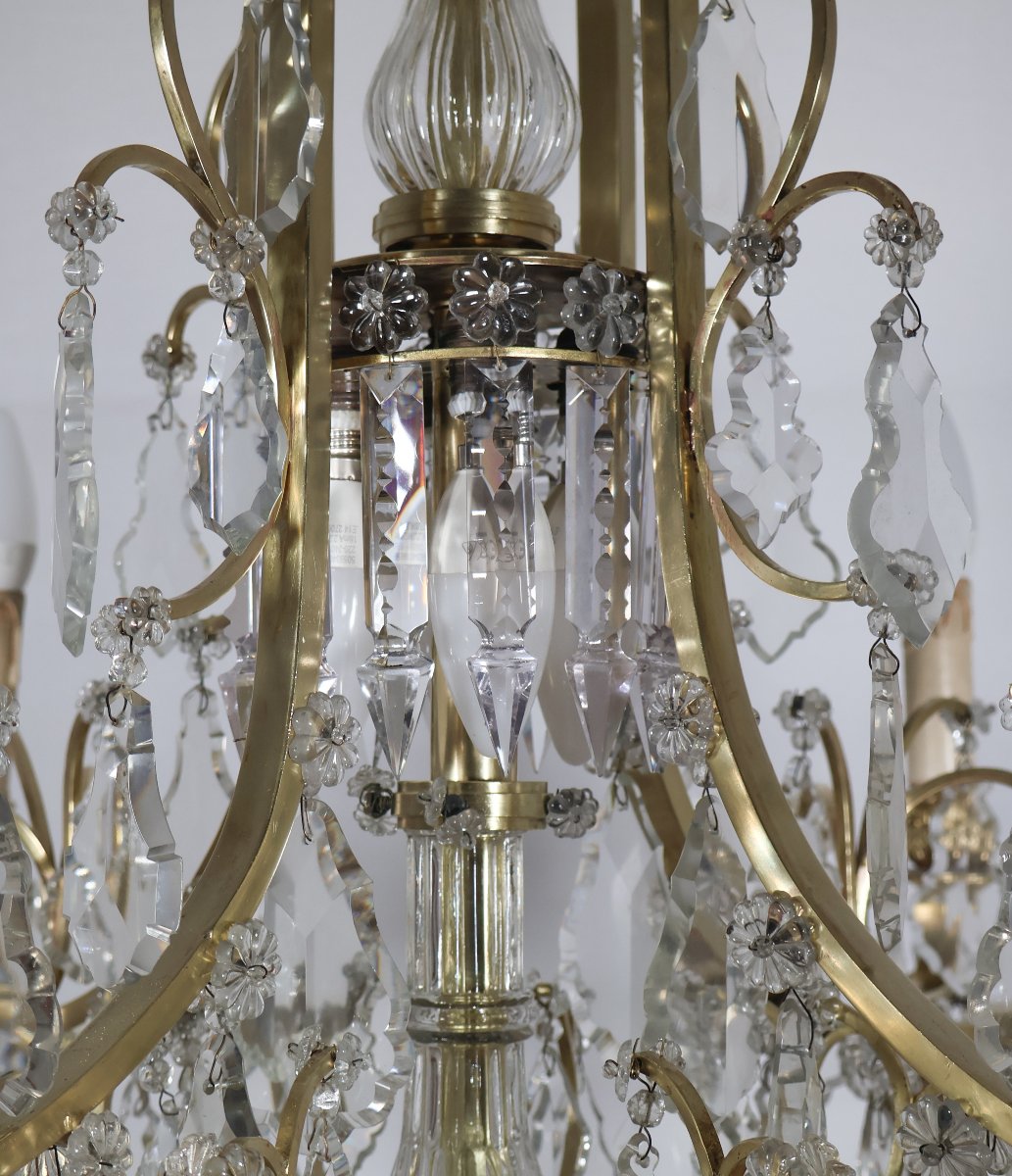  Twelve-light Chandelier In Gilt Bronze And Crystal, Late 19th Century-photo-2