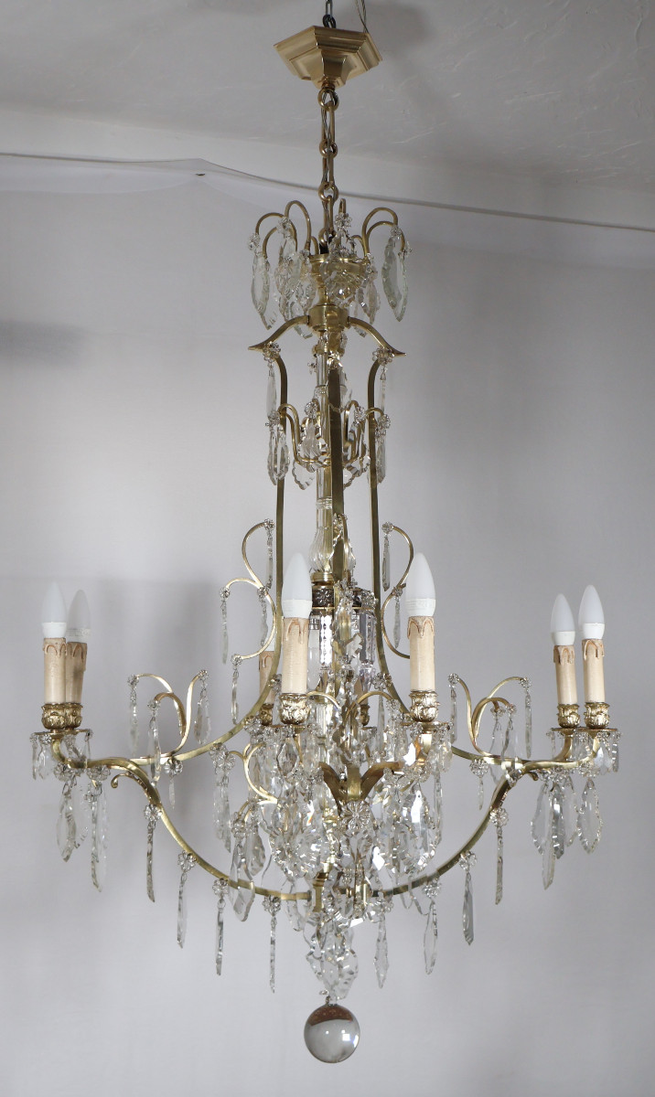 Twelve-light Chandelier In Gilt Bronze And Crystal, Late 19th Century