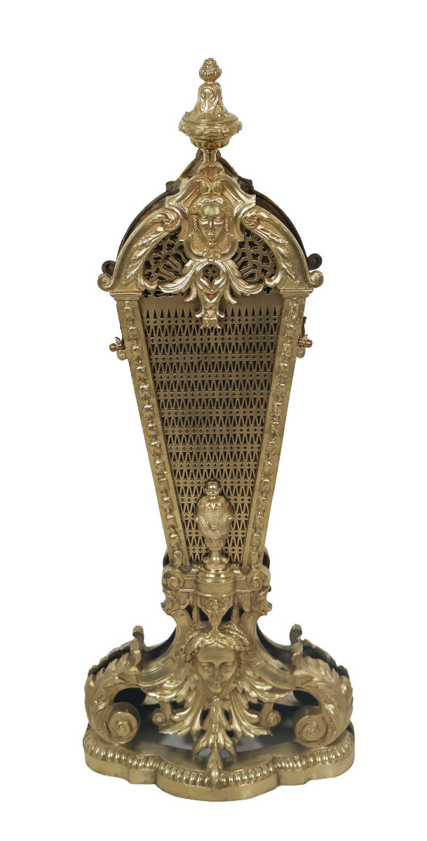 Fan-shaped Fire Screen In Gilt Bronze And Brass, Napoleon III Period-photo-2