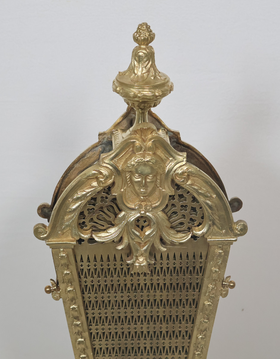 Fan-shaped Fire Screen In Gilt Bronze And Brass, Napoleon III Period-photo-3
