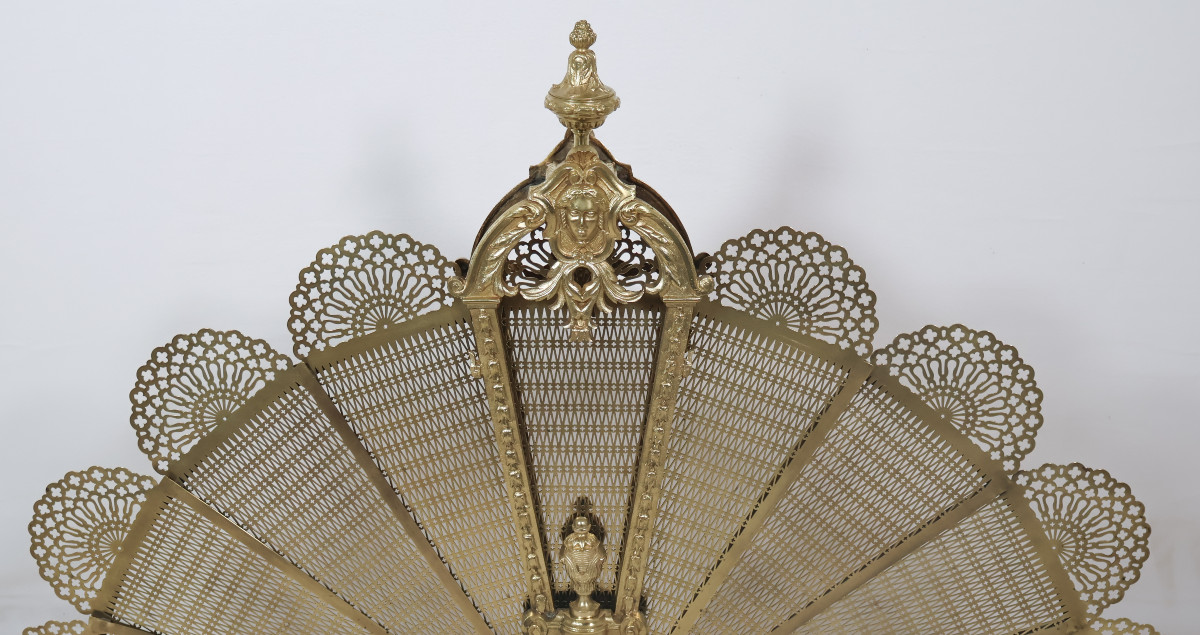 Fan-shaped Fire Screen In Gilt Bronze And Brass, Napoleon III Period-photo-4