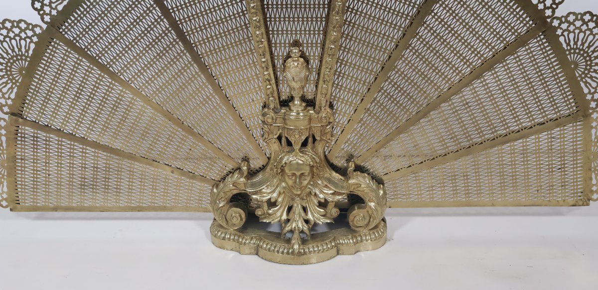 Fan-shaped Fire Screen In Gilt Bronze And Brass, Napoleon III Period-photo-4