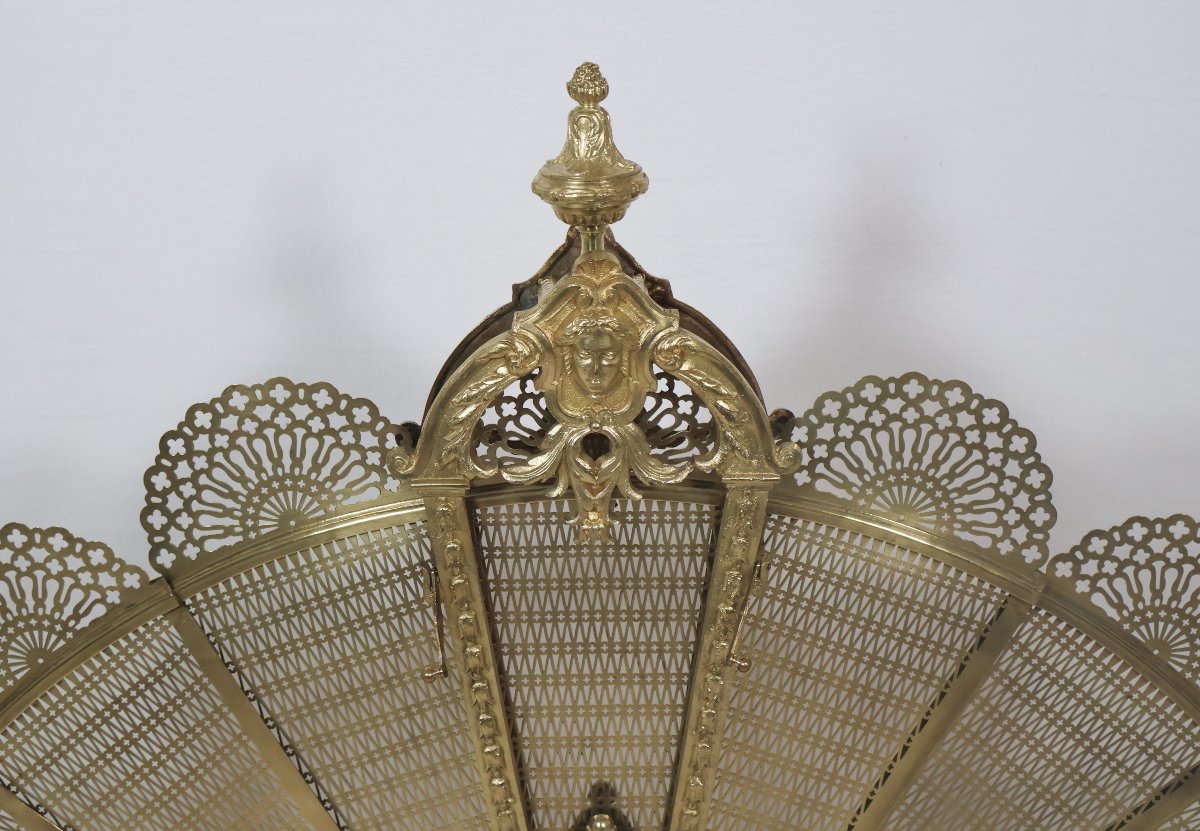 Fan-shaped Fire Screen In Gilt Bronze And Brass, Napoleon III Period-photo-5