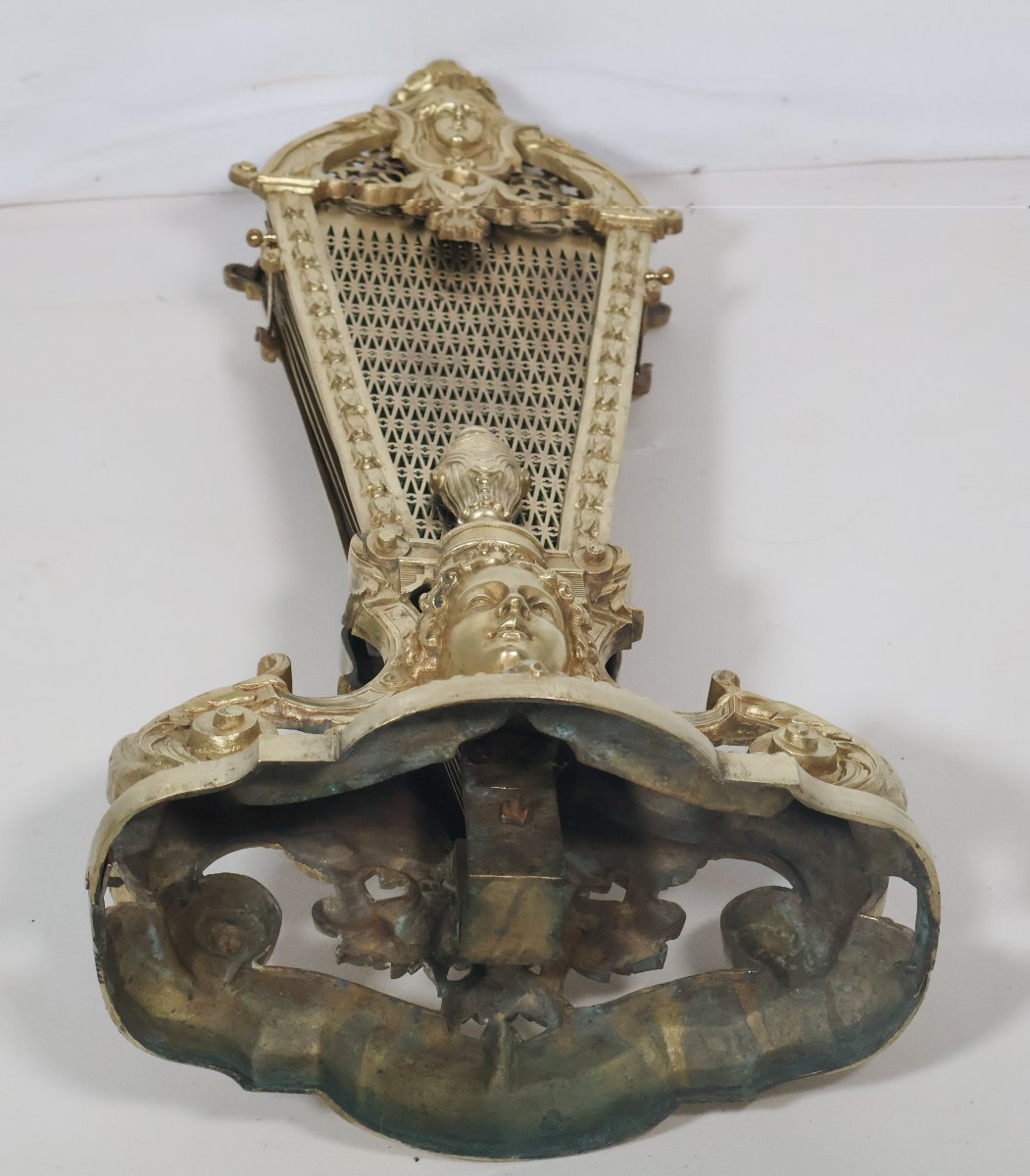 Fan-shaped Fire Screen In Gilt Bronze And Brass, Napoleon III Period-photo-6