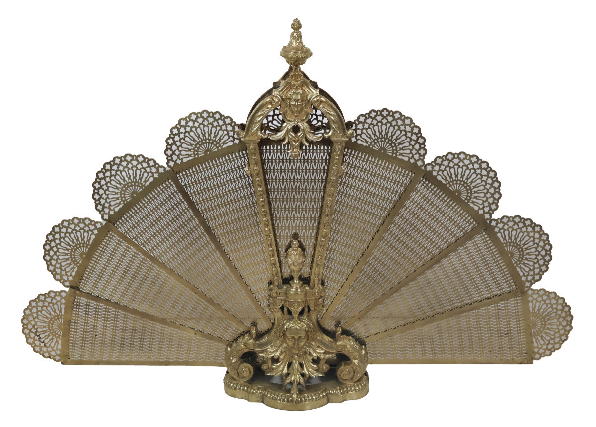 Fan-shaped Fire Screen In Gilt Bronze And Brass, Napoleon III Period