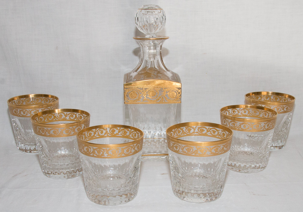 6 Verres Et Carafe à Whisky Cristallerie De Saint Louis Modèle Thistle Or