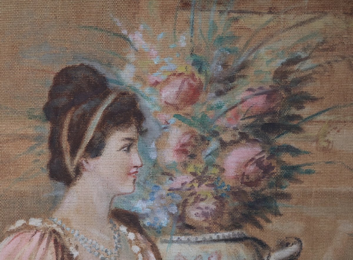 Tapestry Painted Bourgeois Interior Late 19th Century-photo-4