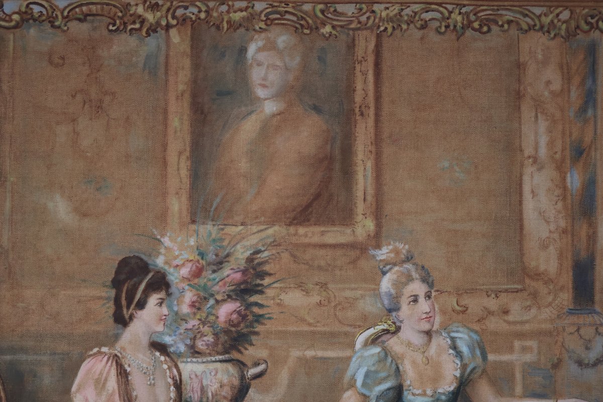 Tapestry Painted Bourgeois Interior Late 19th Century-photo-6