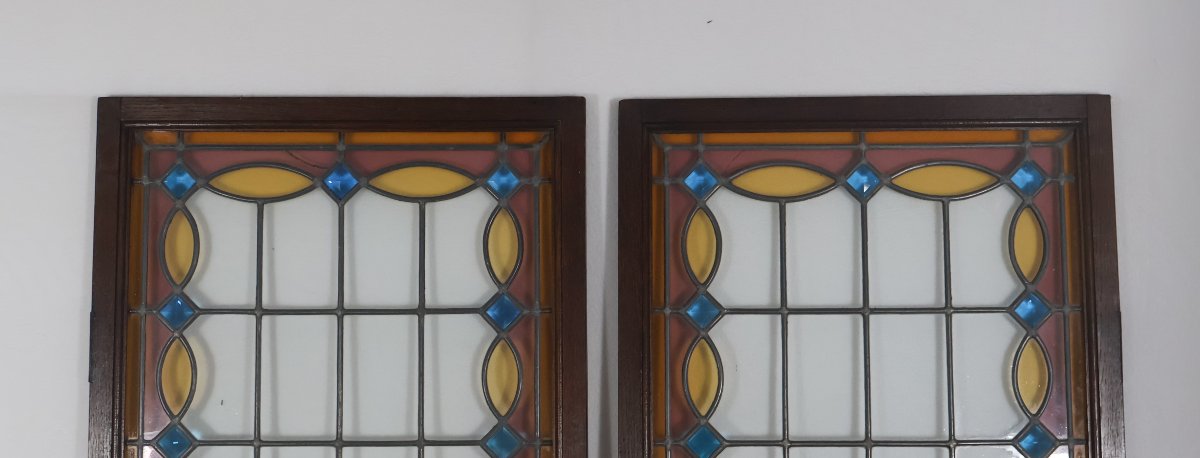 Paire de vitraux en verre serti au plomb époque 1900-photo-3