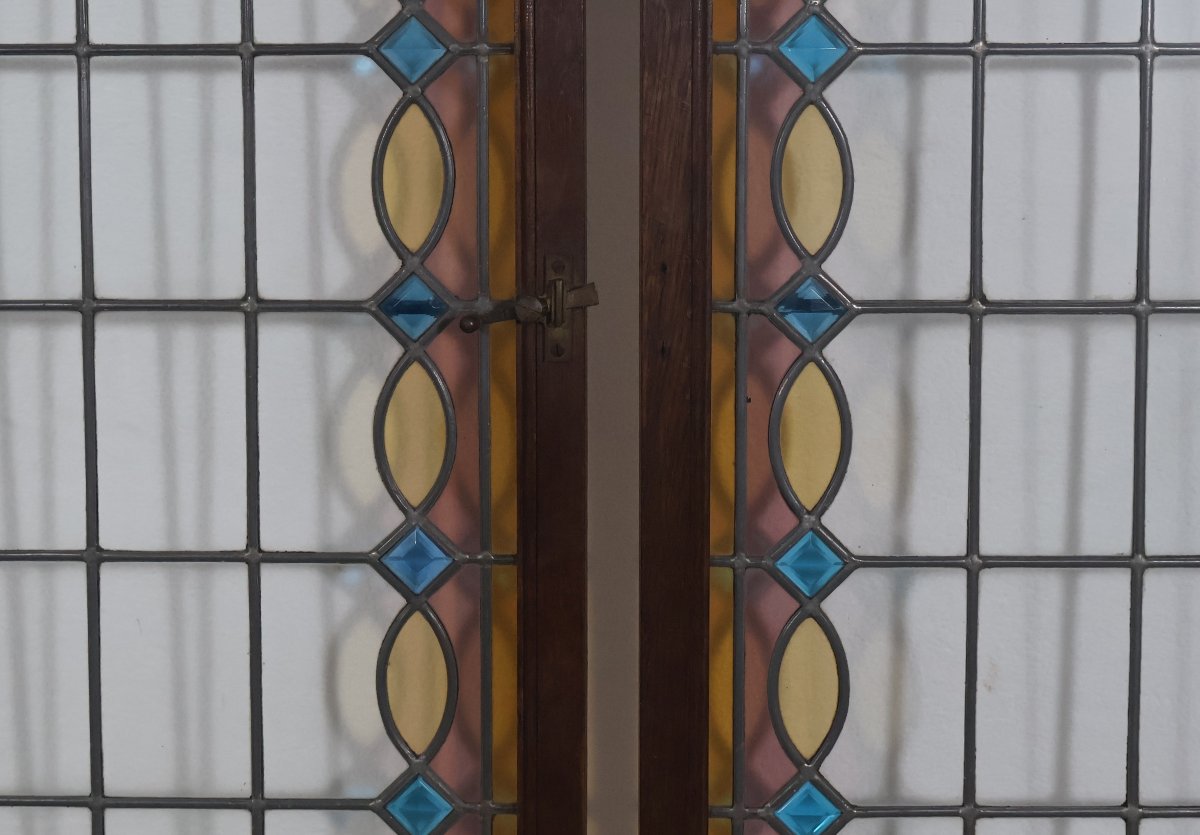 Paire de vitraux en verre serti au plomb époque 1900-photo-4