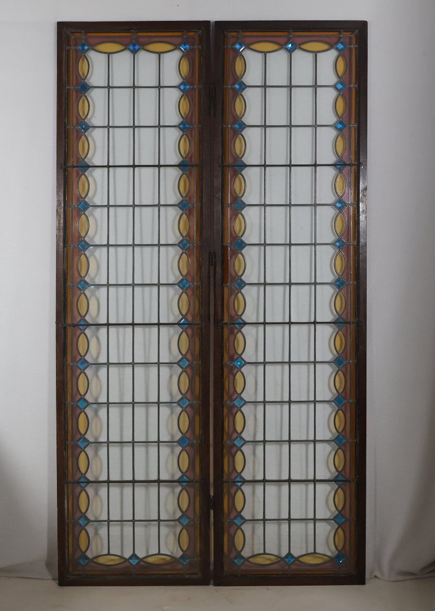 Paire de vitraux en verre serti au plomb époque 1900-photo-1