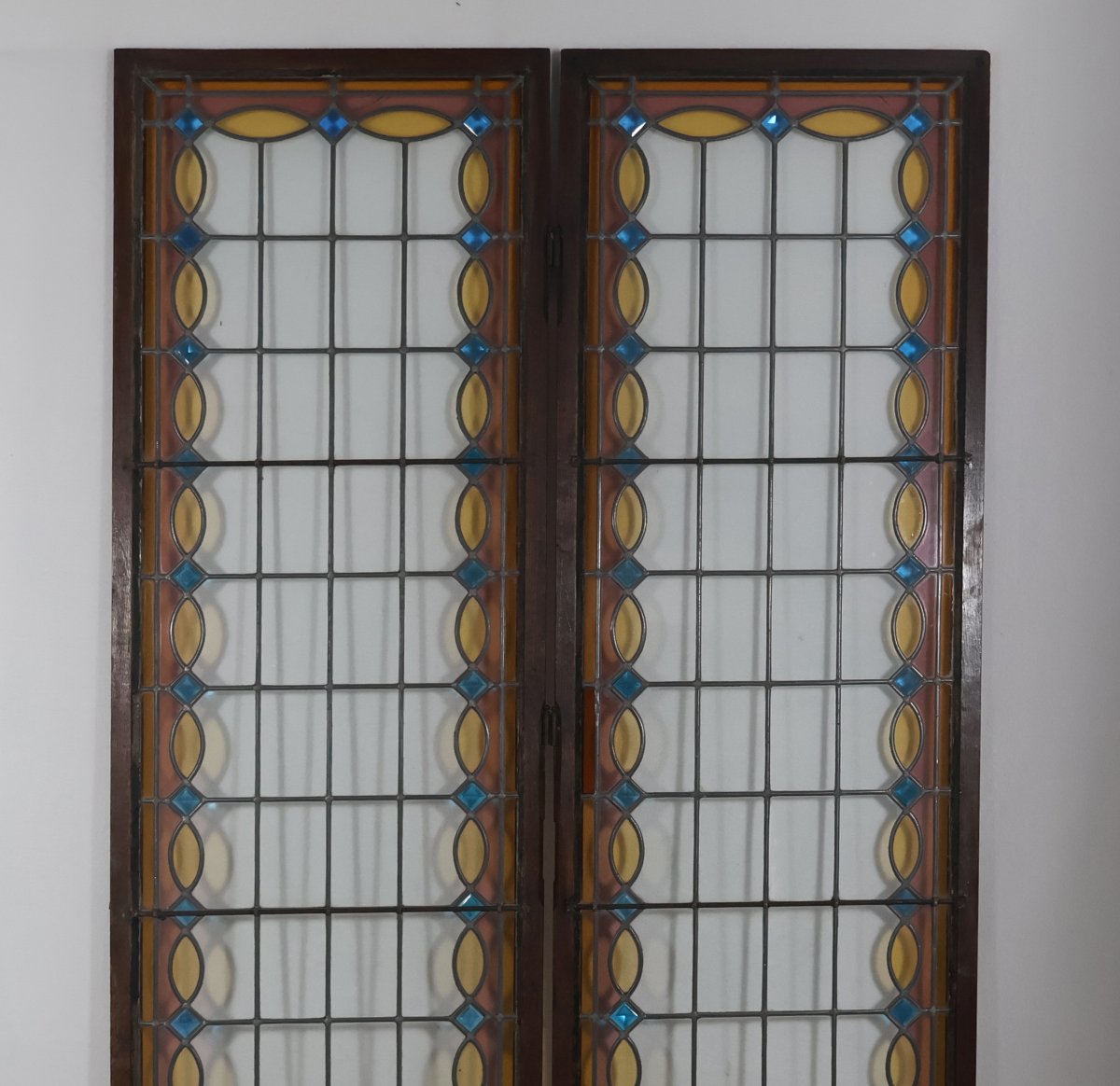Paire de vitraux en verre serti au plomb époque 1900-photo-2