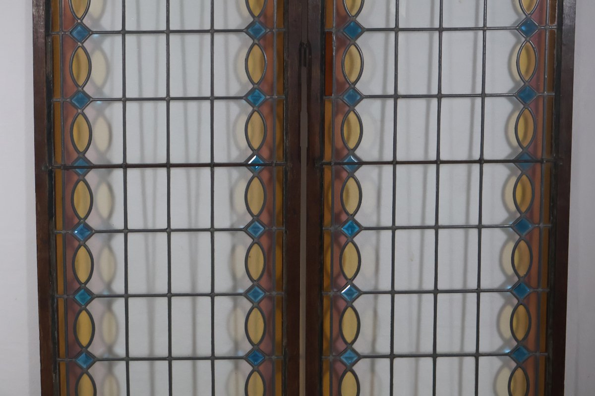 Paire de vitraux en verre serti au plomb époque 1900-photo-8
