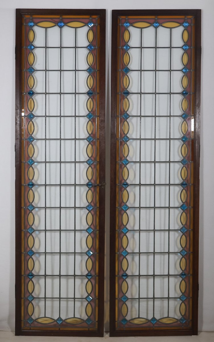 Paire de vitraux en verre serti au plomb époque 1900