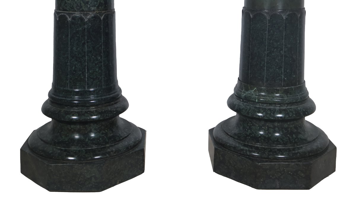Pair Of Green Alpine Marble Columns, Late 19th Century-photo-3