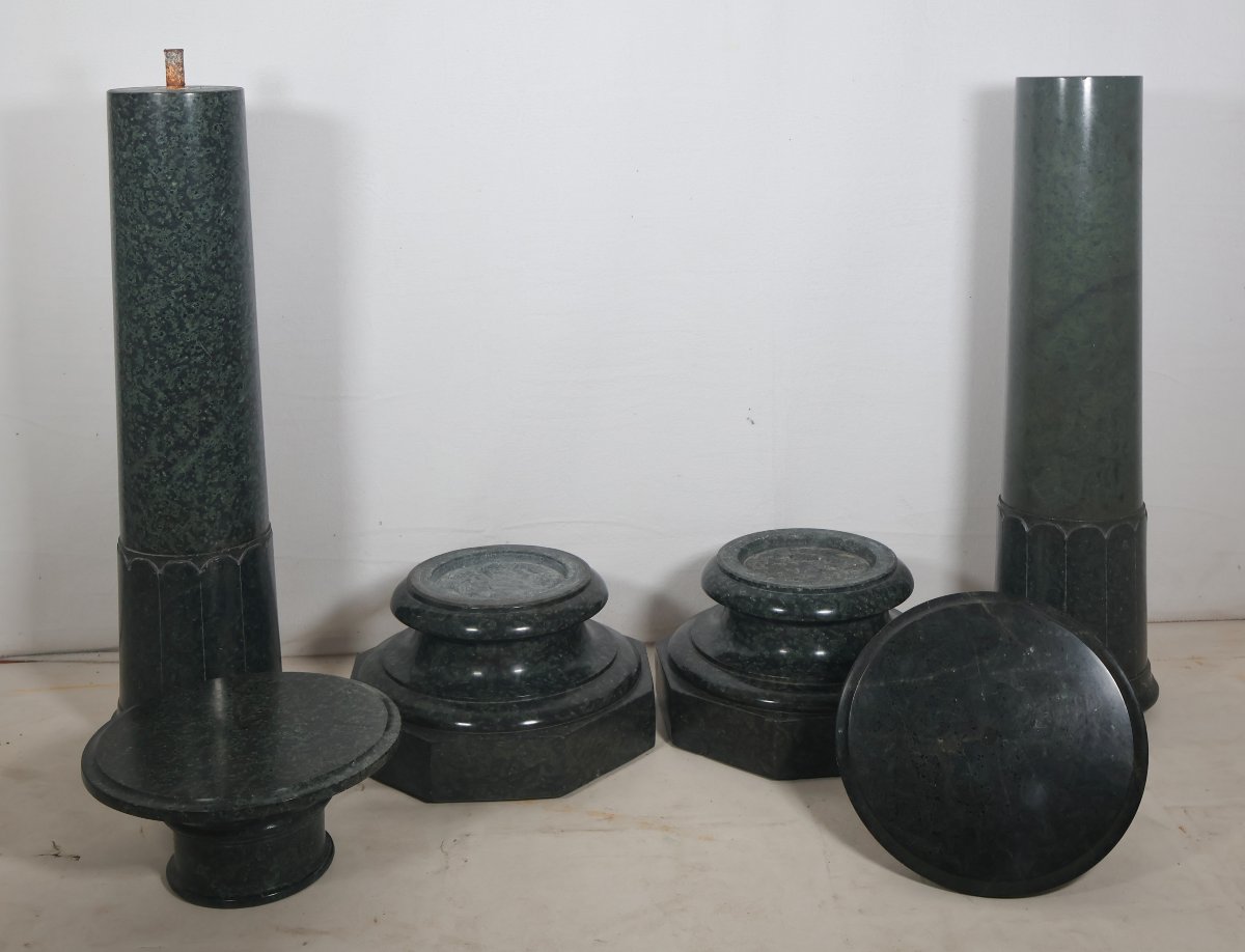 Pair Of Green Alpine Marble Columns, Late 19th Century-photo-2