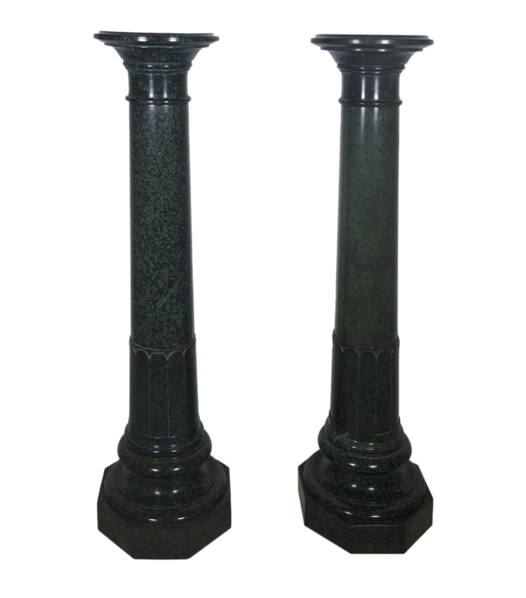 Pair Of Green Alpine Marble Columns, Late 19th Century
